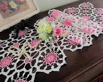 Vintage Crocheted Dresser Scarf or Table Runner, Handmade, Pink and White, 38" by 11", Cottage Décor, Vintage Linens