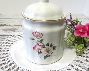 House of Webster Cookie Jar, Biscuit or Cracker Cannister, Pink and White Roses, Gold Trim, Briar Rose Pattern, Vintage Farmhouse Kitchen