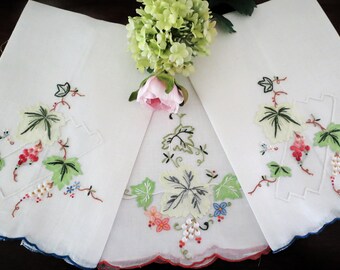 3 Vintage Tea Towels or Hand Towels, Shadow Work Embroidery, White Linen with Rust and Blue Trim, Cottage Décor, Vintage Linens