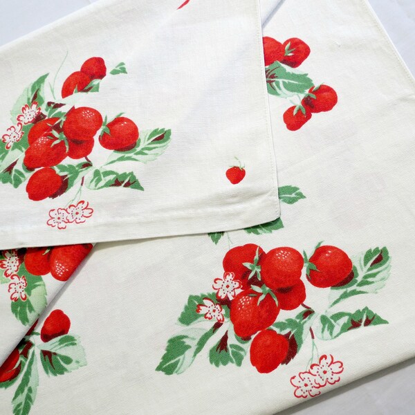 Mid Century Table Runner, Extra Long 61 x 18, Red Strawberries and Daisies, 1950's Kitsch,  Sailcloth Material, Sweet Cottage Decor