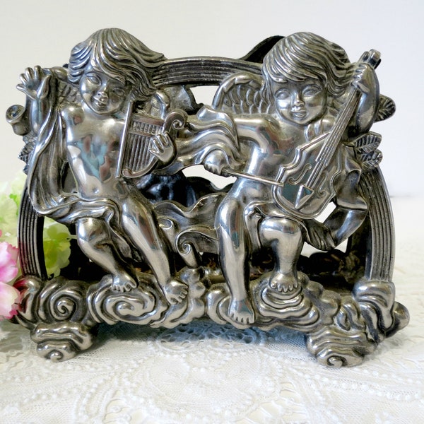 Vintage Metal Napkin Holder, Winged Cherubs or Putti Letter Holder, Dark Silver Finish, 4 1/2 in Tall, Victorian Style Decor