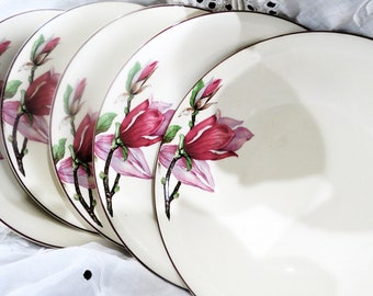 Vintage Myott Staffordshire Bowls, Set of Five,  Burgundy and Lavender Magnolias, Red Trim, Crafted in England, Vintage China