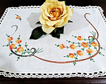 Embroidered Doily, Antimacassar / Head Rest Doily, 17 x 13, Cheerful Yellow and Orange Flowers, Black Accents, Cottage Decor, Vintage Linens