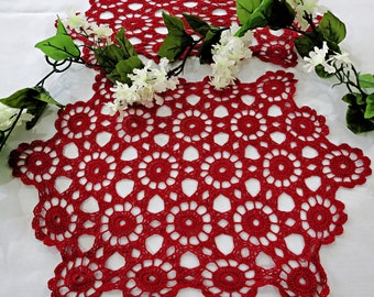 2 Vintage Crocheted Doilies, Dark Red, Tabletop, Dresser or Vanity Doilies, Cottage, Farmhouse or Victorian Decor, Vintage Linens