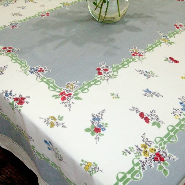 Vintage Tablecloth Mid Century Table Linen Red Blue Green Gray Yellow Floral Cottage Chic Vintage Linens TheSweetBasil