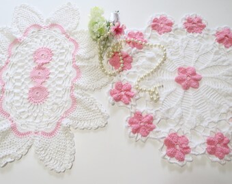 2 Vintage Doilies, Pink and White Hand Crocheted Table Top or Dresser Doilies, Cottage Décor, Vintage Linens