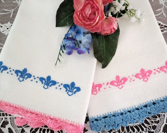 2 Hand Embroidered Tea Towels, Decorative Hand Towels with a Pink and Royal Blue fleur de lis Design, Square Cotton Towels, Cottage Decor