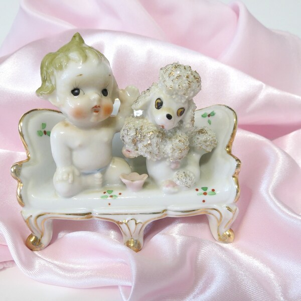 Small Vintage Porcelain Baby with Poodle Figurine, Made in Japan, 1950's Knick Knack, 4" Wide, 4" Tall, Vintage Decor