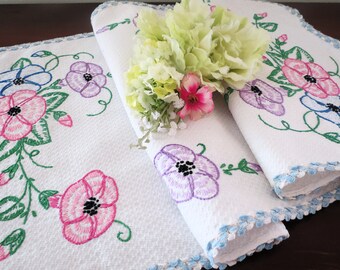 Vintage Embroidered Dresser Scarf or Table Runner, Lavender, Pink, Blue and Green, 32 x 13, Cottage Décor, Vintage Linens