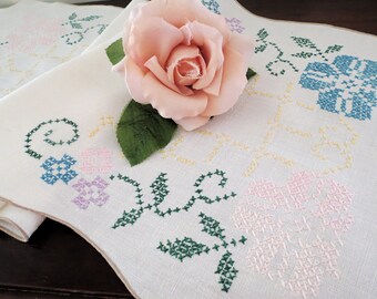 Vintage Linen Dresser Scarf / Table Runner, Hand Embroidered, Shades of Pink Blue Green and Yellow, Slightly Flawed, 39 x 13, Vintage Linens