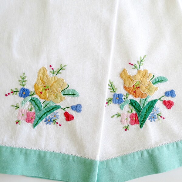 Vintage Tea Towels with Floral Appliques, Pink Blue and Peach Flowers, Embroidered Details, Mint Green Trim, Cottage Home,  Vintage Linens