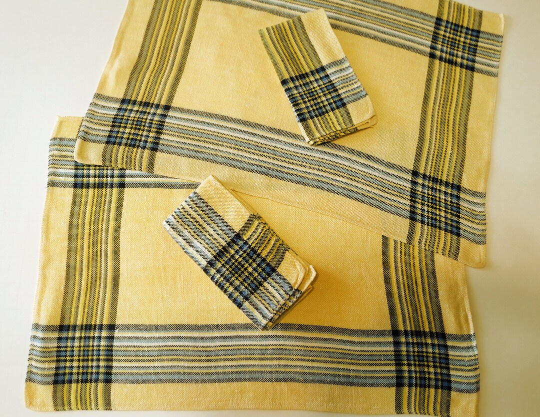 Two Vintage Placemats With Matching Beverage Napkins, Dark Yellow, Blue