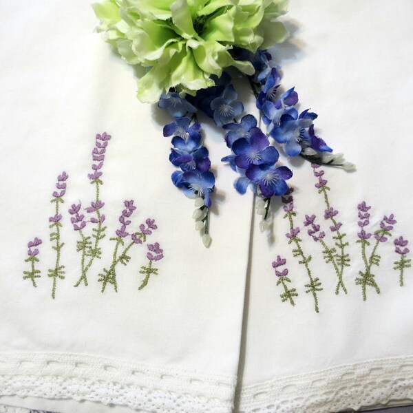 Vintage TEA TOWELS, Decorative Cotton Guest Towels, White Cotton with Lace Trim, Embroidered Lavender Stems, Sweet Vintage Linens
