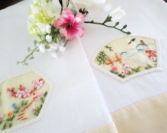 Vintage Tea Towels, Embroidered Hand Towels, White / Yellow Trim, Pinks, Blues and Green, Embroidered Inserts, Cottage Décor, Vintage Linens