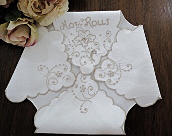 Embroidered Linen Hot Roll Cover: Vintage Cream & Taupe Biscuit Liner