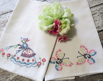 2 Vintage Tea Towels, Hand Embroidered Kitchen Towels, Crinoline Lady and Butterflies, Red, Blue and Pink, Cottage Décor, Vintage Linens