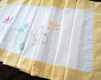 Extra Long Handmade Dresser Scarf, Hand Embroidered, Flowers and Birds, Yellow and White, 70 x 19 1/2", Cabin, Cottage or Farmhouse Décor