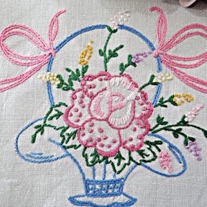 Small Hand Embroidered, Vintage Dresser Doily / Table Runner, Pink and Blue, 15 1/2 x 35