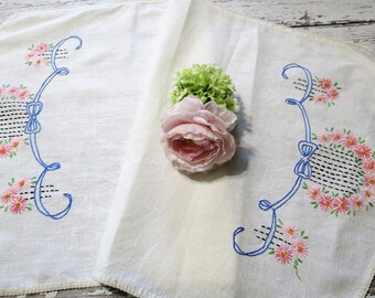Vintage Table Runner or Dresser Scarf, Hand Embroidered in Shades of Pink Green and Blue, 32 x 17, Cottage Décor, Vintage Linens