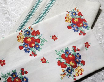 2 Vintage Tea Towels, One Linen and One Cotton Print, Red Fruit Motif, Mid Century, Farmhouse or Cottage Décor, Vintage Linens