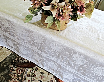 Vintage Damask Tablecloth, Square Ivory Colored Tablecloth, Chrysanthemum and Greek Key Design, 51 x 52, Cotton and Rayon, Vintage Linens