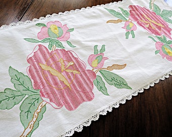 Vintage Dresser Scarf or Table Runner, Embroidered Bold Pink and Red Flowers, Sturdy Huck Fabric, 38 x 16, Lace Trim, Cottage Decor