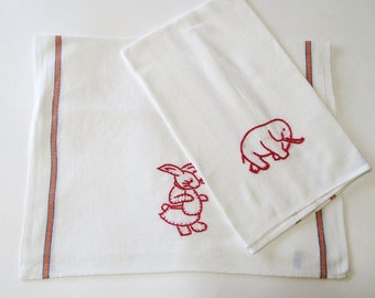 2 Vintage Embroidered Tea Towels, Cannon, White Cotton Decorative Dish Towels, Rabbit and Elephant Motifs, Kitchen Linens, Cottage Decor