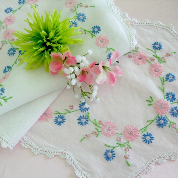 Embroidered Table Runner Dresser Scarf Pink Blue Green Daisies Cotton Bureau Scarf Cottage Chic Home Decor Vintage Linens by TheSweetBasil