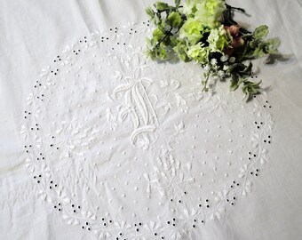 Small Vintage Tablecloth, Luncheon Cloth or Table Topper, Embroidered White on White Design, 27 x 26, Victorian or Cottage Style Décor