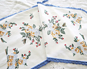 Hand Embroidered Vintage Dresser Scarf or Table Runner with Pansy Bouquets, 34 1/2" by 13", Blue Trim, Cottage Decor, Vintage Linens