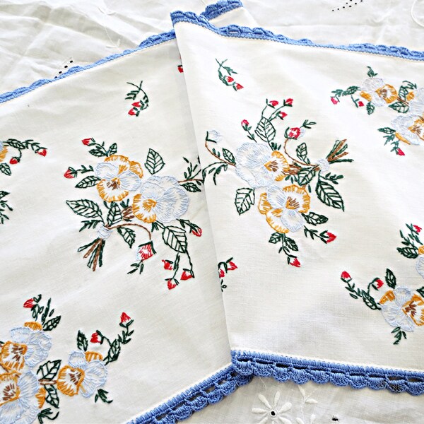 Hand Embroidered Vintage Dresser Scarf or Table Runner with Pansy Bouquets, 34 1/2" by 13", Blue Trim, Cottage Decor, Vintage Linens