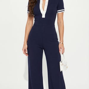 Navy Sweater Jumpsuit with Collar - Short Sleeve Button Up Flare Leg Romper, Contrast Trim Retro Bodysuit, Elegant One Piece, Gift for Her