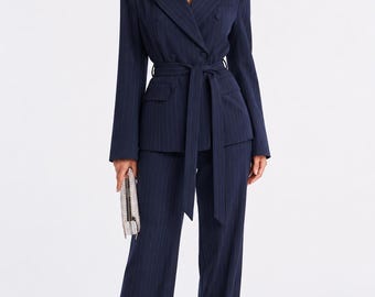 Navy Pinstripe Belted Blazer and Pant Set Women's Striped Business Suit, Classic Office Wear, Professional Two Piece Set, Chic Work Outfit