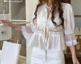 Ruffle Tie Top | Puff Sleeve Casual Shirt | Daily Wear | Soft Girl Aesthetic