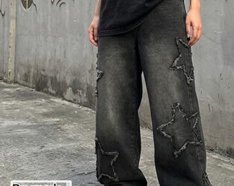 Baggy Embroidered Pants | Black Wide Leg Jeans | Casual Streetwear Outfit | Y2K Trend
