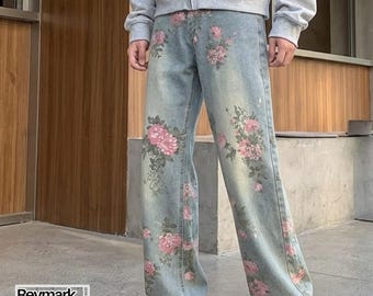 Denim Printed Jeans | Casual Wide Leg Pants | Daily Wear | Y2K Streetwear Style