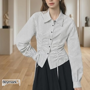 Blusa feminina xadrez com botões – Manga longa, estilo vintage, casual e para sobreposição de peças.