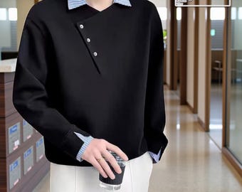 Layered Collar Sweatshirt | Loose Button Detail Top | Daily Wear | Minimal Casual Style