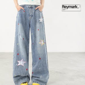 Stjärnjeans med lapptäcke | Denimbyxor med vida ben | Vardagskläder | Y2K Streetwear-stil