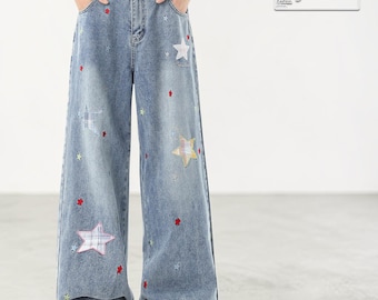 Star Patchwork Jeans | Denim Wide Leg Pants | Daily Wear | Y2K Streetwear Style