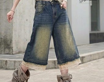 Wide Leg Jorts | Washed Lace Loose Jeans | Daily Wear | Retro Y2K Streetwear