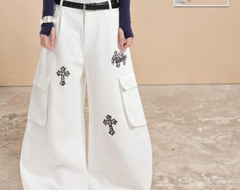 Cross Embroidered Pants | Multi Pocket Wide Trousers | Daily Wear | Y2K Streetwear Style