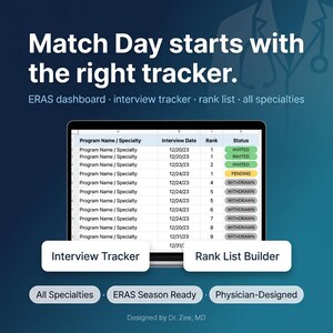 Op de afbeelding: Een digitaal spreadsheet op een scherm met de titel Match Day starts with the right tracker. Het bevat kolommen voor Programmanaam, Interviewdatum, Rang en Status met kleurgecodeerde labels zoals INVITED, PENDING en WITHDRAWN.