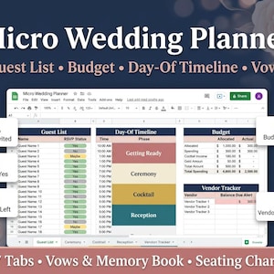 Mikrobröllopsplanerare Google Sheets | Intim bröllopsorganisatör | Budgetgästlista | Digital nedladdning