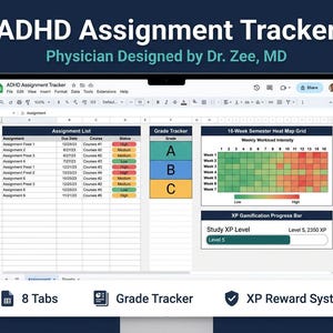May include: A digital ADHD Assignment Tracker spreadsheet displayed on a screen. The interface includes an assignment list with due dates, a grade tracker, a 16-week semester heat map grid showing workload intensity, and an XP gamification progress bar.