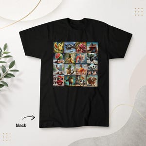 May include: A black short-sleeved t-shirt featuring a central square graphic composed of sixteen distinct, colourful, and surreal illustrations depicting various anthropomorphic creatures, animals, and objects in a grid-like arrangement.