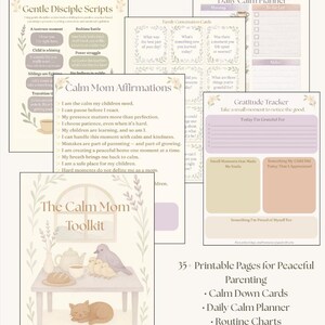 May include: The Calm Mom Toolkit, a collection of printable pages for peaceful parenting. Includes Calm Down Cards, a Daily Calm Planner, Routine Charts, Kids Feelings Cards, and Mom Self-Care Tools. The cover features a watercolor illustration of a table with a teapot, bird, and sleeping cat.