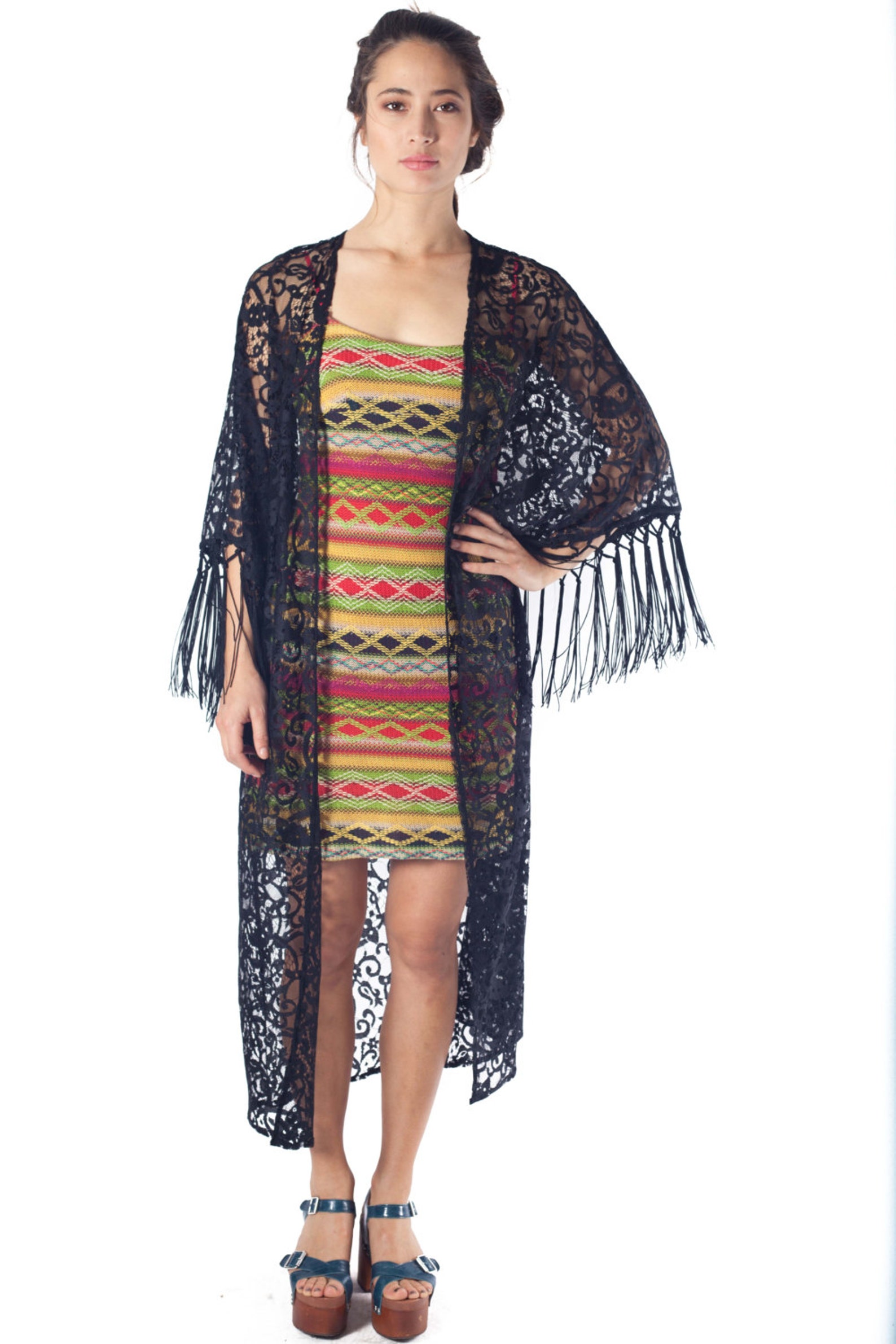 Black Lace Kimono Duster Fringe Cardigan Floor Length Jacket Etsy