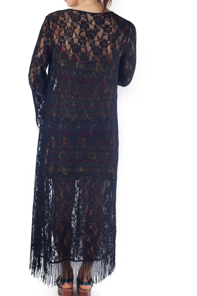 Black Lace Kimono Duster Fringe Cardigan Floor Length Jacket Etsy