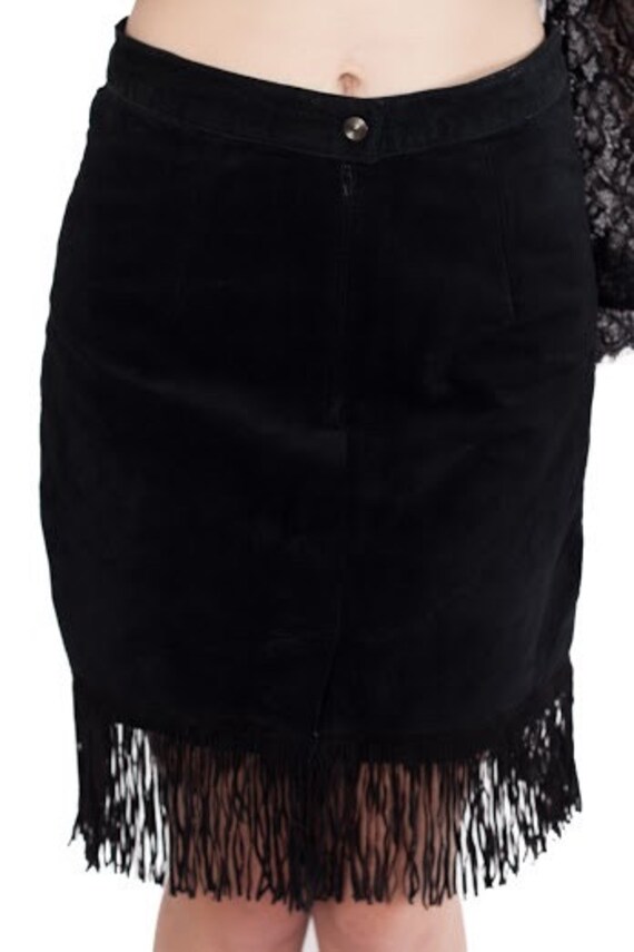 Black Suede Fringe Vintage Pencil Skirt - image 3